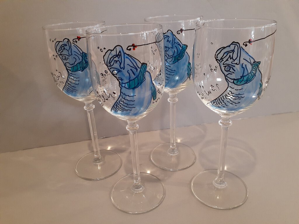 Set of 4 Hand Painted Glass Bass Wine Glasses