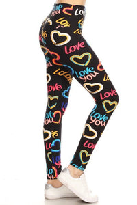 NEW One Size Leggings - Black with Multicolor Hearts LY5R-S627W