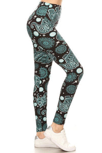 NEW One Size Leggings - Black with Teal Elephants LY5R-R863
