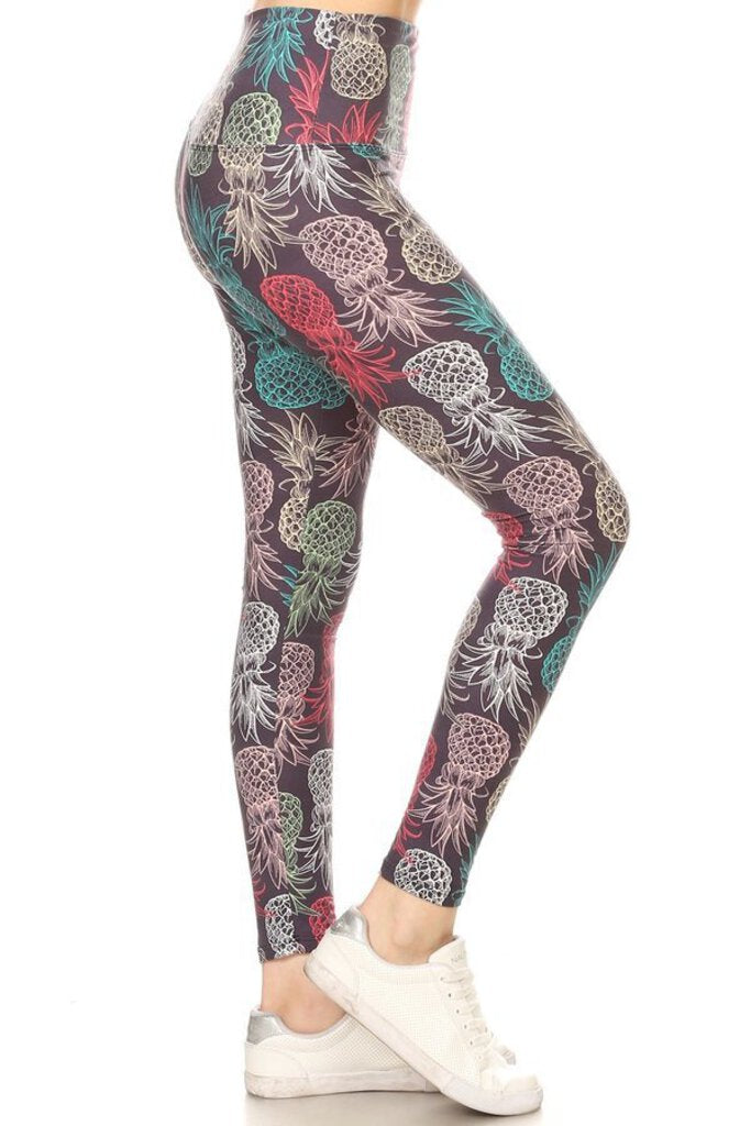 NEW One Size Leggings - Gray with Multicolor Pineapples LY5R-R810