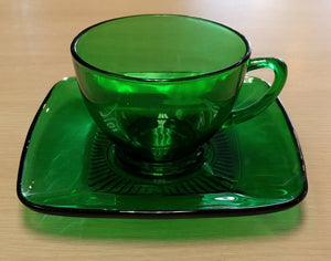 Vintage Emerald Green Blown Glass Espresso Cup Saucer Set of