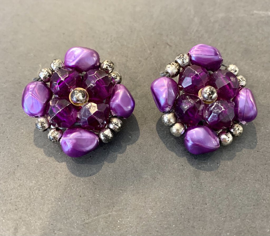 Purple Bead Clip On Earrings