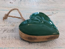 Load image into Gallery viewer, NEW 3&quot; Mango Wood Heart Ornament - Green Enamel
