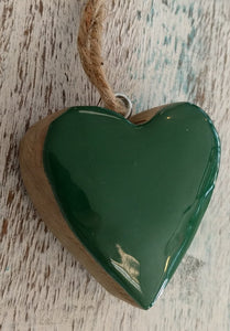 NEW 2" Mango Wood Heart Ornament - Green Enamel