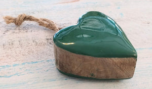 NEW 2" Mango Wood Heart Ornament - Green Enamel