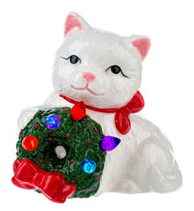 NEW LED Light Up Cat with Wreath Figurine