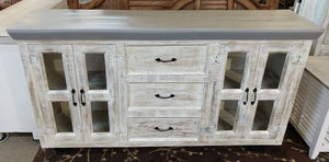 NEW Whitewashed Mango Sideboard with 3 Drawers, 4 Doors and Wheels - f-n5