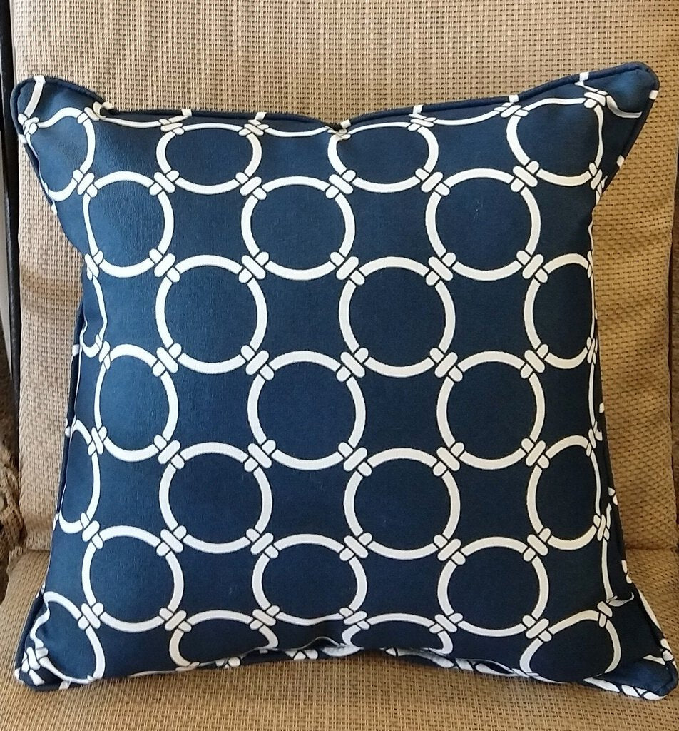 NEW 16x16 Indoor/Outdoor Pillow with Piping - Navy with White Rings