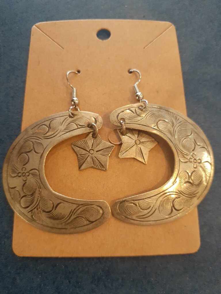 NEW Earrings - Stamped Metal Large Moon Star Silver