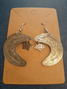NEW Earrings - Stamped Metal Medium Moon Star Silver