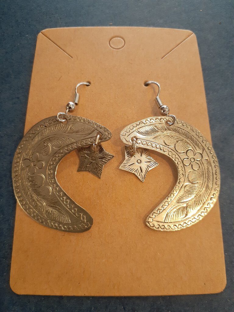 NEW Earrings - Stamped Metal Medium Moon Star Silver