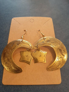 NEW Earrings - Stamped Metal Large Moon Star Gold