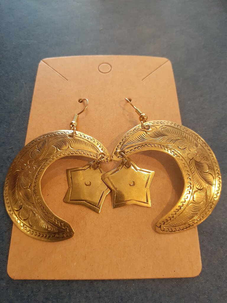 NEW Earrings - Stamped Metal Large Moon Star Gold