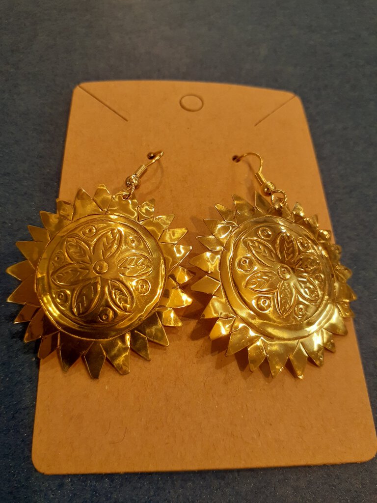 NEW Earrings - Stamped Metal Flower Sun Gold