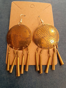 NEW Earrings - Stamped Metal Tassel Fish Yinyang Gold