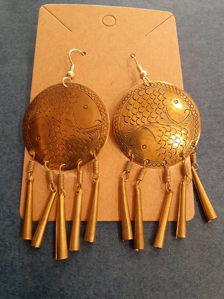 NEW Earrings - Stamped Metal Tassel Fish Yinyang Gold