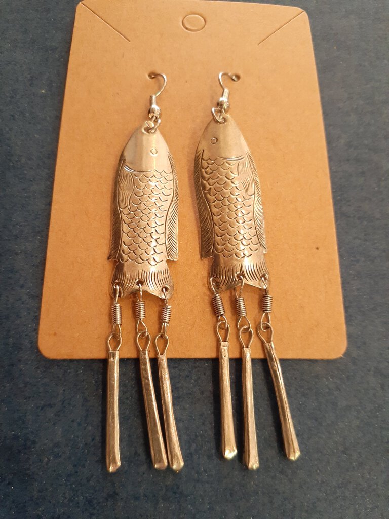 NEW Earrings - Stamped Metal Tassel Fish Silver