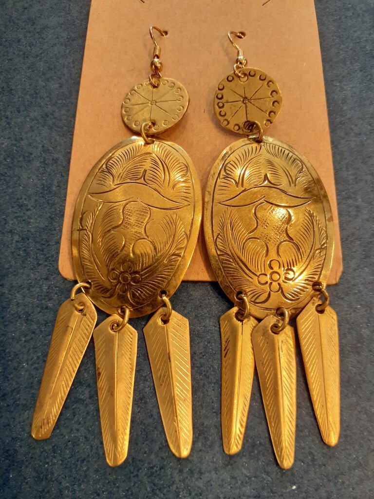 NEW Earrings - Stamped Metal Tassel Oval Gold
