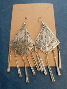 NEW Earrings - Stamped Metal Tassel Inverted Diamond Silver