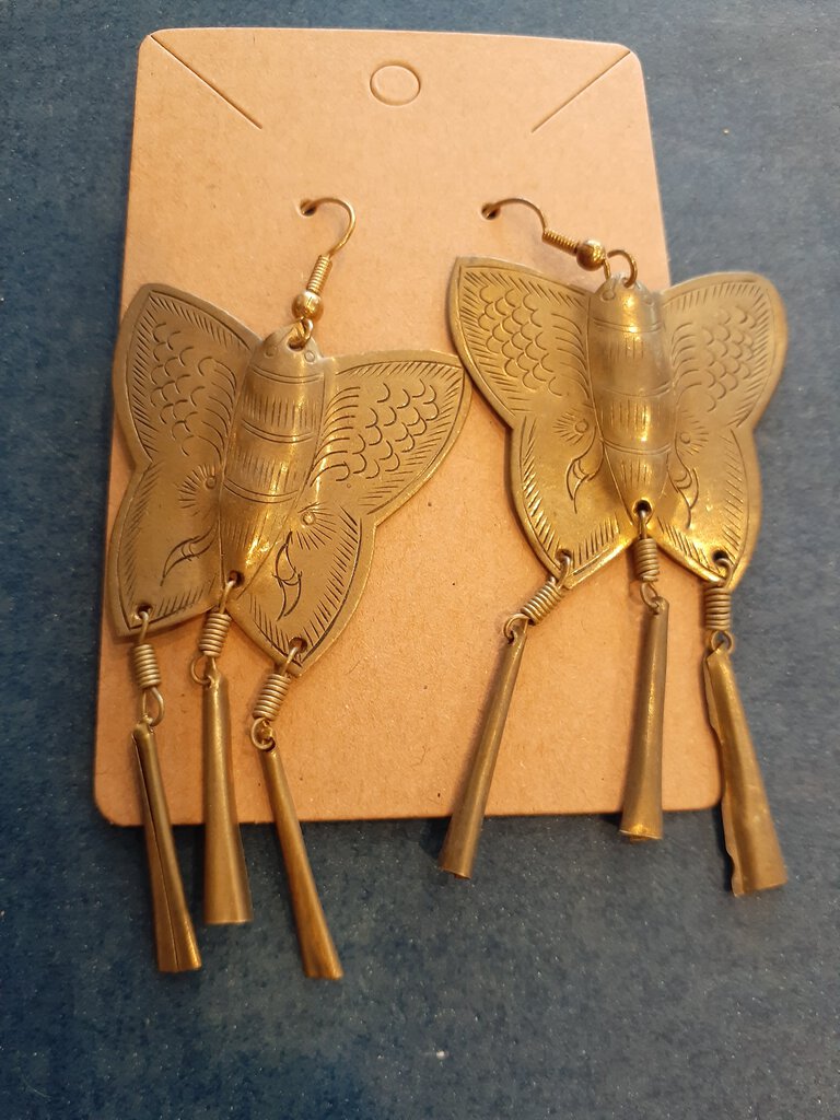 NEW Earrings - Stamped Metal Tassel Butterfly Gold