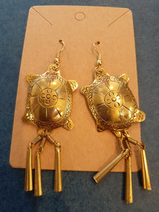 NEW Earrings - Stamped Metal Tassel Turtle Gold