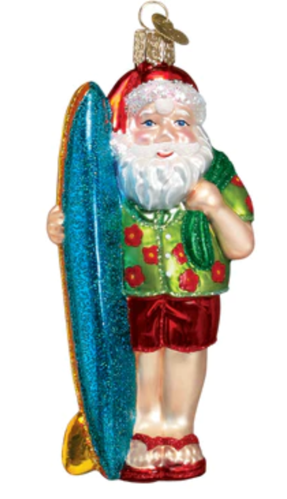 NEW Surfer Santa Glass Ornament