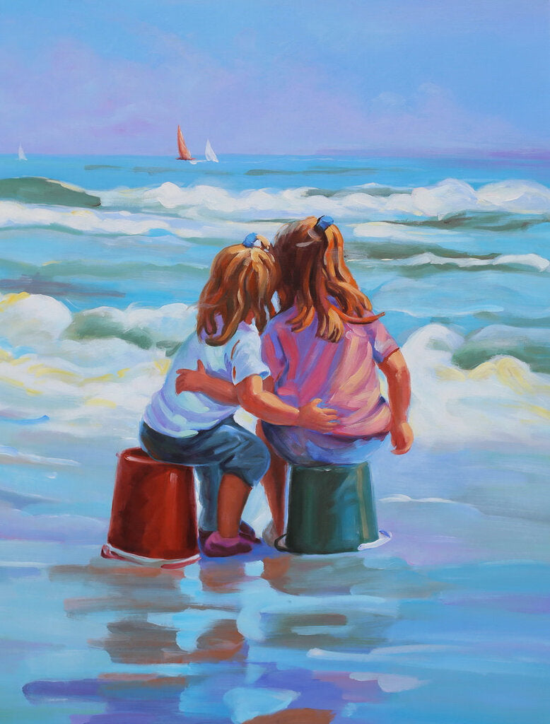 NEW Oil Painting - Two Girls Hugging on the Beach - cb-2024