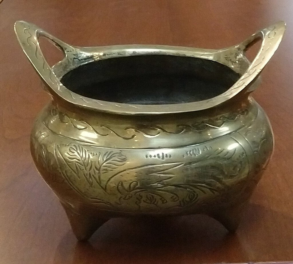 Vintage Chinese Etched Brass Incense Bowl