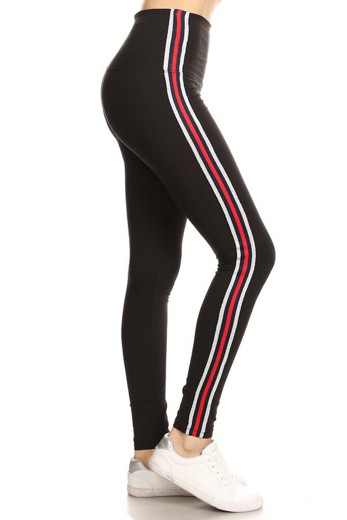 NEW One Size Leggings - Black with Red & Silver Stripe LT69