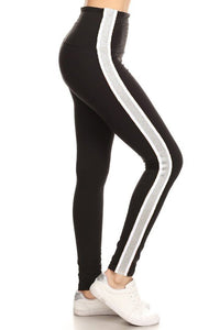 NEW One Size Leggings - Black with Light Purple & Silver Stripe LT77