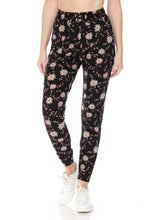 Load image into Gallery viewer, NEW Joggers - Black with Pink &amp; White Floral Print JGA-R624
