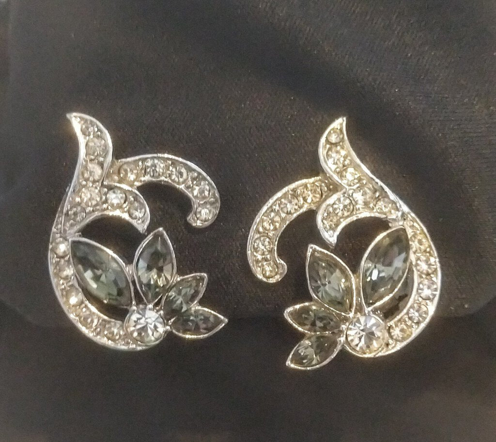 Rhinestone and Green Stone Clip On Earrings