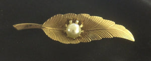 Vintage Gold Leaf Brooch with Faux Pearl
