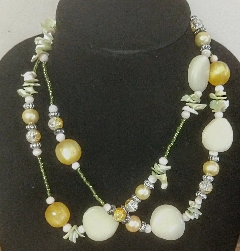 Gold and White Bead and Faux Stone Necklace