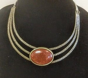 Gold Three Strand Choker Necklace - Amber Stone