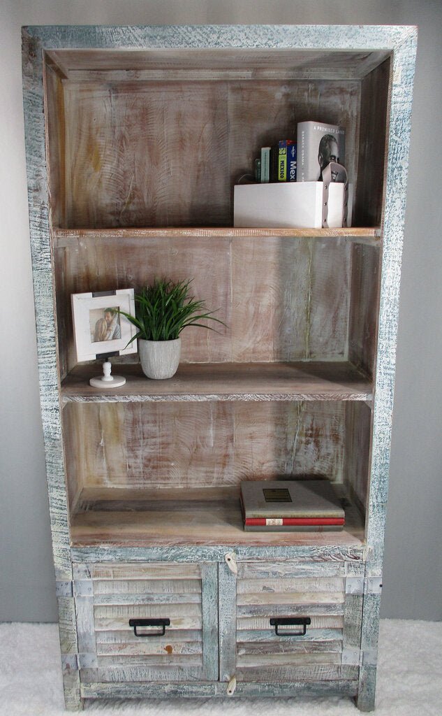 NEW Whitewashed Reclaimed Wood Bookshelf 2 Shutter Doors MDA-20-25C