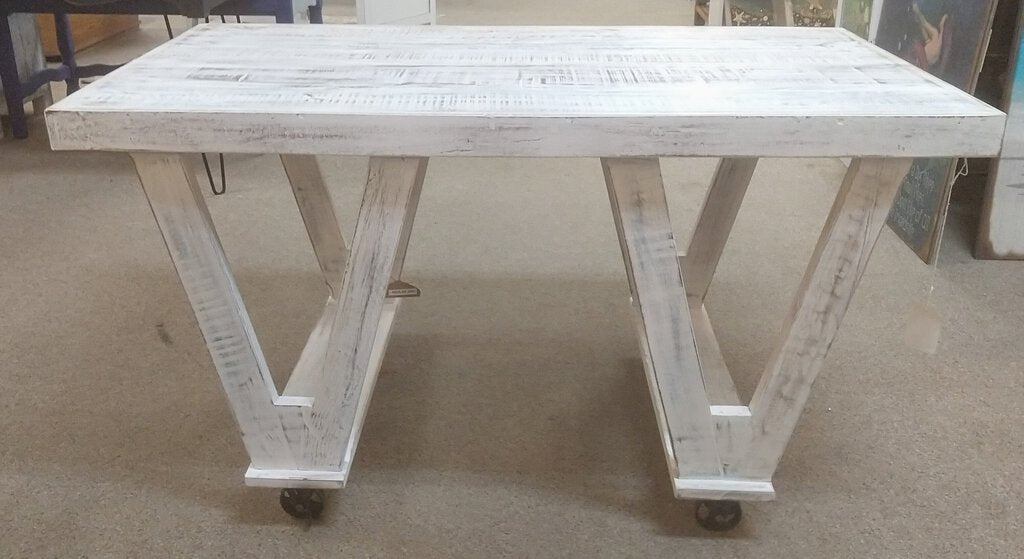 NEW Whitewashed Reclaimed Wood Coffee Table on Wheels MDA-20-306c