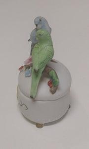 Vintage Lefton China 03433 Trinket Box - Green & Blue Birds