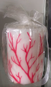 NEW 3" x 4" White w/Red Coral Inlay Pillar Candle