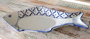 NEW 15" Hand-Painted Blue & White Fish Platter - Thailand