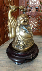 4" Vintage Brass Laughing Buddha on Rosewood Stand