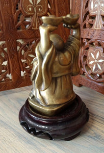 4" Vintage Brass Laughing Buddha on Rosewood Stand