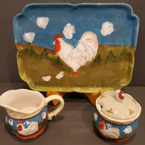 3 PC Set: Vintage Cottage Rooster by Jay Hand Painted Serving Tray, Creamer, Sugar & Lid