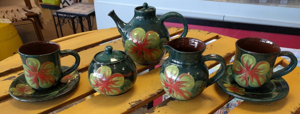 9 PC Green Pottery Tea Set